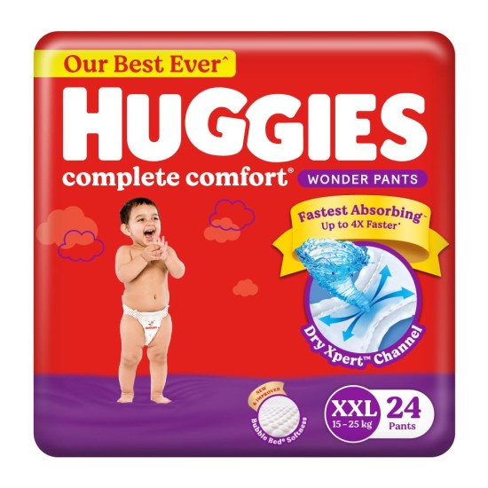 Huggies Complete Comfort Wonder Pants | Pant Style Baby Diapers XXL Size, 24 Count | India's Fastest Absorbing Diaper, Patented Dry Xpert Channel, Ideal for 15 to 25 Kgs
