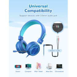 iClever Kids Headphones with Mic, Wired On Ear Headphones for Kids - Blue iClever Kids Headphones with Mic, Wired On Ear Headphones for Kids - Blue