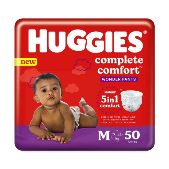 Huggies Wonder Pants, Medium Size Diapers (7-12 kg), 50 Count with 12 Hour Protection,White,Pack of 1