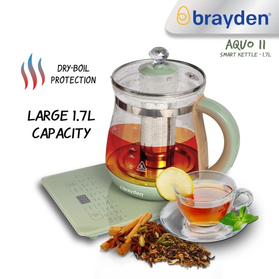 Brayden Aquo 11 Smart Electric Glass Kettle | 20 Preset menus | Milk, Tea Infuser, Soup & Multipurpose | Auto Shut Off | Boil Dry Protection | Borosilicate Glass Body (800W, 1.7 Ltr, Olive Green) Brayden Aquo 11 Smart Electric Glass Kettle | 20 Preset menus | Milk, Tea Infuser, Soup & Multipurpose | Auto Shut Off | Boil Dry Protection | Borosilicate Glass Body (800W, 1.7 Ltr, Olive Green)