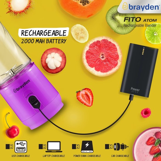 Brayden Fito Atom, Portable Smoothie Blender with 2000 mAh Rechargeable Battery and 3.7V Motor with 400ml Tritan Jar (Purple) Brayden Fito Atom, Portable Smoothie Blender with 2000 mAh Rechargeable Battery and 3.7V Motor with 400ml Tritan Jar (Purple)