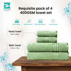 Cuddle Cotton Requisite 4 Pc Towel Set | 2 Bath Towels (70 x 147 cm) & 2 Hand Towels (40 x 60 cm), 400 GSM | 100% Pure Cotton| Emerald green