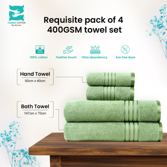 Cuddle Cotton Requisite 4 Pc Towel Set | 2 Bath Towels (70 x 147 cm) & 2 Hand Towels (40 x 60 cm), 400 GSM | 100% Pure Cotton| Emerald green