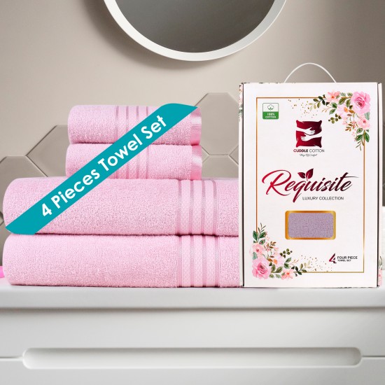 Cuddle Cotton Requisite 4 Pc Towel Set | 2 Bath Towels (70 x 147 cm) & 2 Hand Towels (40 x 60 cm), 400 GSM | 100% Pure Cotton| Blush Pink