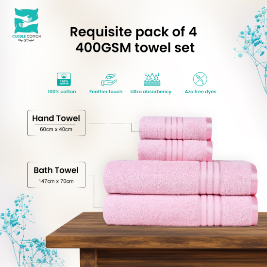 Cuddle Cotton Requisite 4 Pc Towel Set | 2 Bath Towels (70 x 147 cm) & 2 Hand Towels (40 x 60 cm), 400 GSM | 100% Pure Cotton| Blush Pink