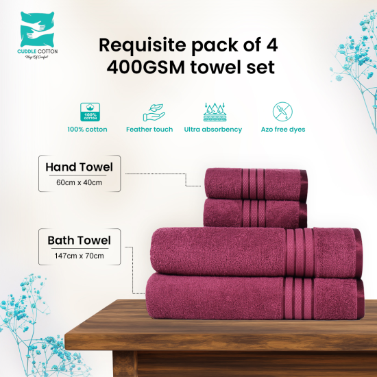Cuddle Cotton Requisite 4 Pc Towel Set | 2 Bath Towels (70 x 147 cm) & 2 Hand Towels (40 x 60 cm), 400 GSM | 100% Pure Cotton| Merlot red