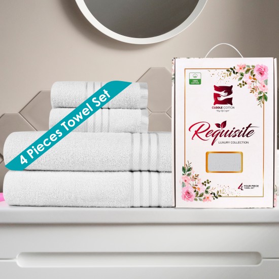 Cuddle Cotton Requisite 4 Pc Towel Set | 2 Bath Towels (70 x 147 cm) & 2 Hand Towels (40 x 60 cm), 400 GSM | 100% Pure Cotton| Opal White
