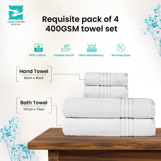 Cuddle Cotton Requisite 4 Pc Towel Set | 2 Bath Towels (70 x 147 cm) & 2 Hand Towels (40 x 60 cm), 400 GSM | 100% Pure Cotton| Opal White