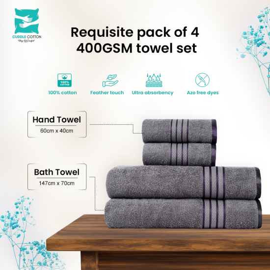 Cuddle Cotton Requisite 4 Pc Towel Set | 2 Bath Towels (70 x 147 cm) & 2 Hand Towels (40 x 60 cm), 400 GSM | 100% Pure Cotton| Sleek grey