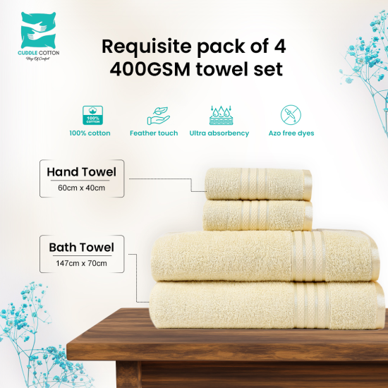 Cuddle Cotton Requisite 4 Pc Towel Set | 2 Bath Towels (70 x 147 cm) & 2 Hand Towels (40 x 60 cm), 400 GSM | 100% Pure Cotton| Sunshine Yellow 