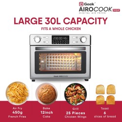Geek Airocook Digix 30L Electric Air Fryer Oven|Digital Display|12 Preset Menu-Toast,Bake,Grill,Air Fry,Rotisserie,Dehydration&Reheat|7 Accessories(Stainless Steel,Silver,1700W)30 Liter Geek Airocook Digix 30L Electric Air Fryer Oven|Digital Display|12 Preset Menu-Toast,Bake,Grill,Air Fry,Rotisserie,Dehydration&Reheat|7 Accessories(Stainless Steel,Silver,1700W)30 Liter