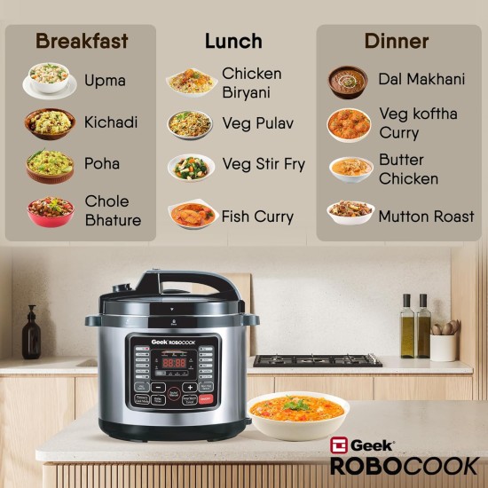 Geek Robocook Nuvo 11-in-1 Automatic Electric Pressure Cooker 8 Litre | 2 Year Warranty | 17 India Preset Menu, Instant Electric Cooker Pot, Multipurpose Electric Rice Cooker (Non-Stick, 8L) Geek Robocook Nuvo 11-in-1 Automatic Electric Pressure Cooker 8 Litre | 2 Year Warranty | 17 India Preset Menu, Instant Electric Cooker Pot, Multipurpose Electric Rice Cooker (Non-Stick, 8L)