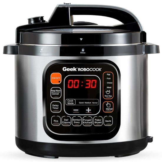 Geek Robocook Zeta 11-in-1 Automatic Electric Pressure Cooker 5 L | 2 Year Warranty | 13 Indian Preset Menu, Instant Electric Cooker Pot, Multipurpose Electric Rice Cooker (Stainless Steel, 5 Litre) Geek Robocook Zeta 11-in-1 Automatic Electric Pressure Cooker 5 L | 2 Year Warranty | 13 Indian Preset Menu, Instant Electric Cooker Pot, Multipurpose Electric Rice Cooker (Stainless Steel, 5 Litre)