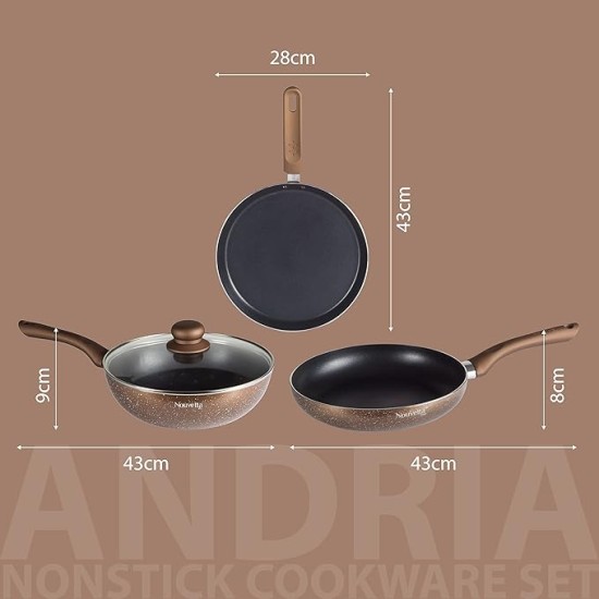 Nouvetta Andria Non-Stick Cookware Set of 5 peices (Dosa Tawa, Kadhai,Frying Pan, Glass Lid,Serving Spoon), Thickness of 3 mm, Coffee