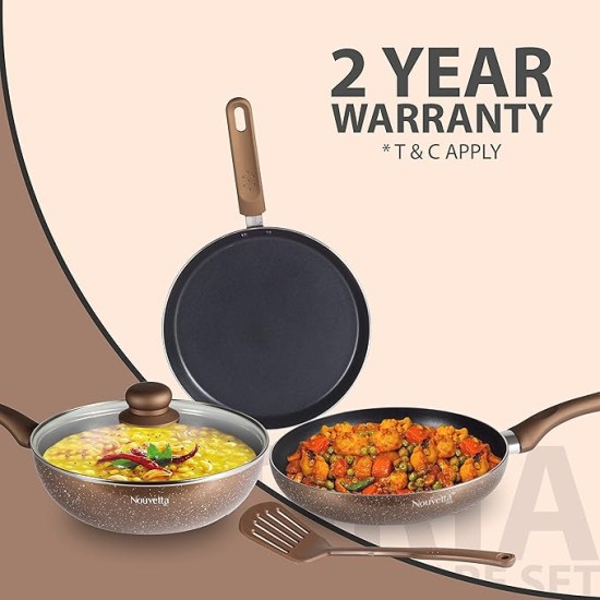 Nouvetta Andria Non-Stick Cookware Set of 5 peices (Dosa Tawa, Kadhai,Frying Pan, Glass Lid,Serving Spoon), Thickness of 3 mm, Coffee
