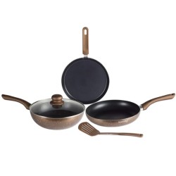 Nouvetta Andria Non-Stick Cookware Set of 5 peices (Dosa Tawa, Kadhai,Frying Pan, Glass Lid,Serving Spoon), Thickness of 3 mm, Coffee