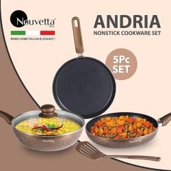 Nouvetta Andria Non-Stick Cookware Set of 5 peices (Dosa Tawa, Kadhai,Frying Pan, Glass Lid,Serving Spoon), Thickness of 3 mm, Coffee