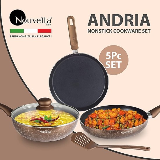 Nouvetta Andria Non-Stick Cookware Set of 5 peices (Dosa Tawa, Kadhai,Frying Pan, Glass Lid,Serving Spoon), Thickness of 3 mm, Coffee