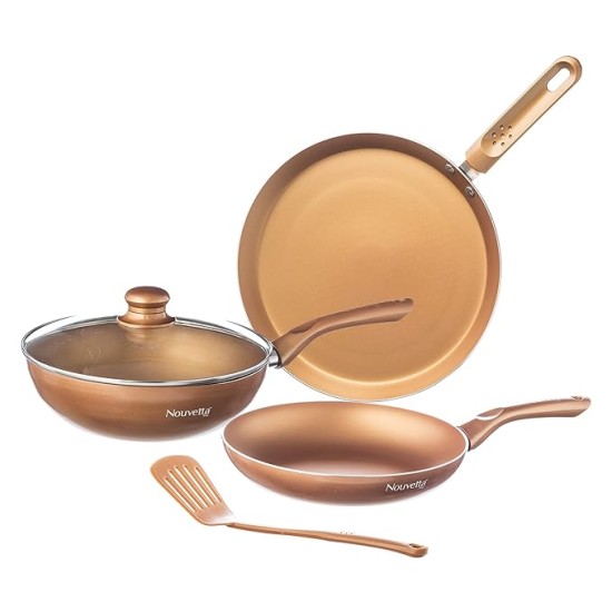 Nouvetta Andria Non-Stick Cookware Set of 5 peices (Dosa Tawa, Kadhai,Frying Pan, Glass Lid,Serving Spoon), Thickness of 3 mm, Copper