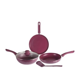 Nouvetta Andria Non-Stick Cookware Set of 5 peices (Dosa Tawa, Kadhai,Frying Pan, Glass Lid,Serving Spoon), Thickness of 3 mm, Maroon