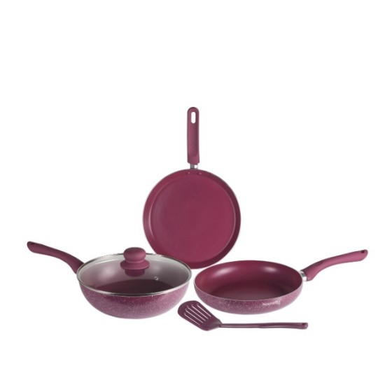 Nouvetta Andria Non-Stick Cookware Set of 5 peices (Dosa Tawa, Kadhai,Frying Pan, Glass Lid,Serving Spoon), Thickness of 3 mm, Maroon