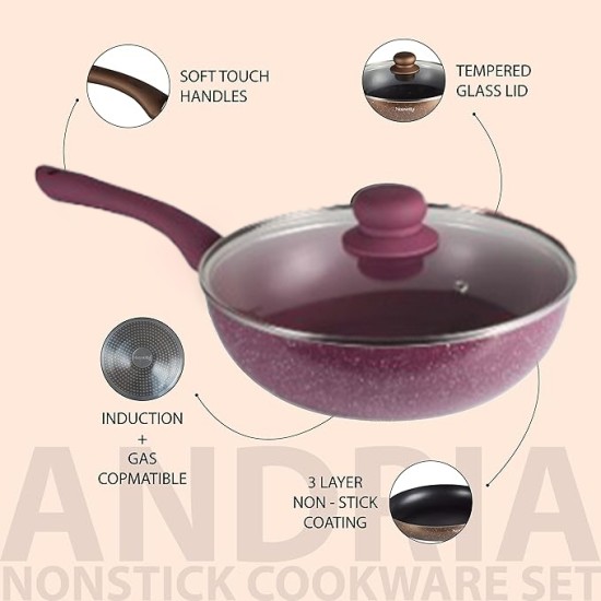 Nouvetta Andria Non-Stick Cookware Set of 5 peices (Dosa Tawa, Kadhai,Frying Pan, Glass Lid,Serving Spoon), Thickness of 3 mm, Maroon