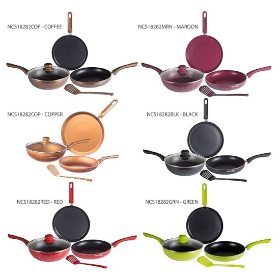 Nouvetta Andria Non-Stick Cookware Set of 5 peices (Dosa Tawa, Kadhai,Frying Pan, Glass Lid,Serving Spoon), Thickness of 3 mm, Maroon
