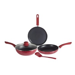 Nouvetta Andria Non-Stick Cookware Set of 5 peices (Dosa Tawa, Kadhai,Frying Pan, Glass Lid,Serving Spoon), Thickness of 3 mm, Red