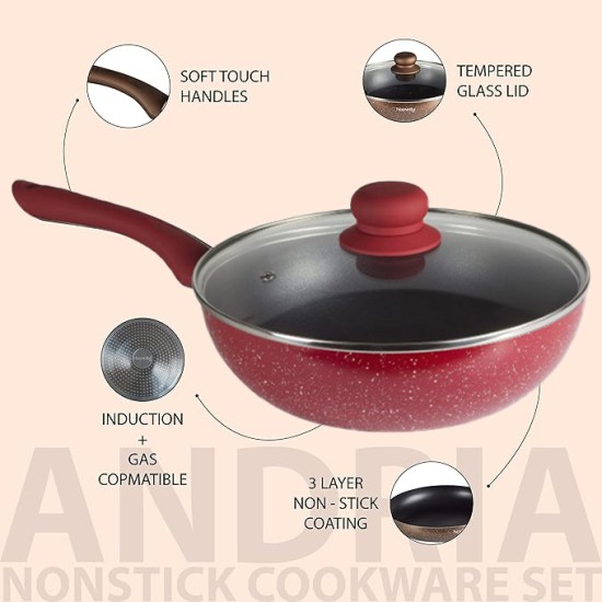 Nouvetta Andria Non-Stick Cookware Set of 5 peices (Dosa Tawa, Kadhai,Frying Pan, Glass Lid,Serving Spoon), Thickness of 3 mm, Red