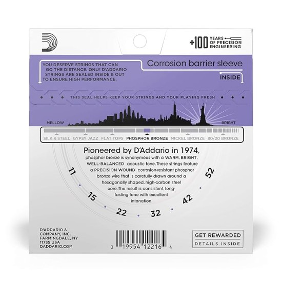 D'Addario EJ26 Acoustic 11-52 Custom Light Guitar Strings made of Phosphor Bronze for Warm, Bright & Balanced Tone