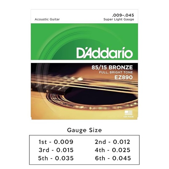 D'Addario Guitar Strings - Acoustic Guitar Strings - 85/15 Bronze - For 6 String Guitar - Full, Bright Tone - EZ890 - Super Light, 9-45