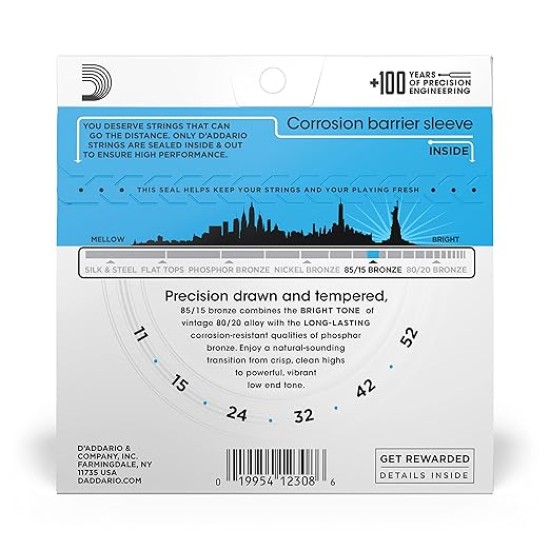 D'Addario Bronze Acoustic Guitar Strings_(.011-.052_Light Gauge)85/15 FULL BRIGHT TONE_Stainless Steel Material, Pack of 1, EZ910 (EZ910)