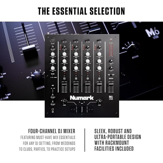 Numark M6 USB | 4-Channel Dj Mixer With On Board Interface With On-Board Audio Interface, 3-Band EQ, Club-Ready Inputs, Microphone Input And Replaceable Crossfader With Slope Control Black
