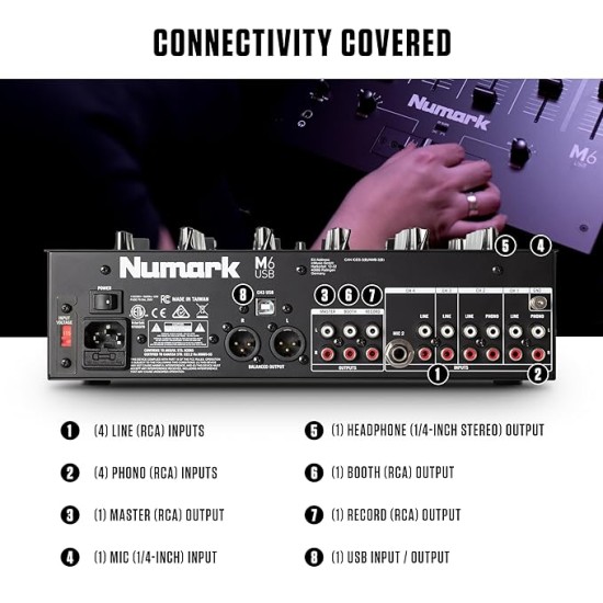 Numark M6 USB | 4-Channel Dj Mixer With On Board Interface With On-Board Audio Interface, 3-Band EQ, Club-Ready Inputs, Microphone Input And Replaceable Crossfader With Slope Control Black