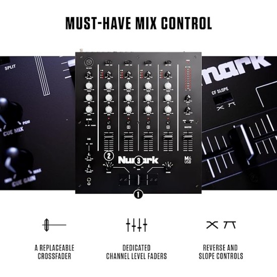 Numark M6 USB | 4-Channel Dj Mixer With On Board Interface With On-Board Audio Interface, 3-Band EQ, Club-Ready Inputs, Microphone Input And Replaceable Crossfader With Slope Control Black