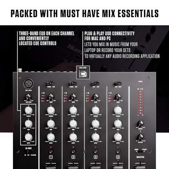 Numark M6 USB | 4-Channel Dj Mixer With On Board Interface With On-Board Audio Interface, 3-Band EQ, Club-Ready Inputs, Microphone Input And Replaceable Crossfader With Slope Control Black