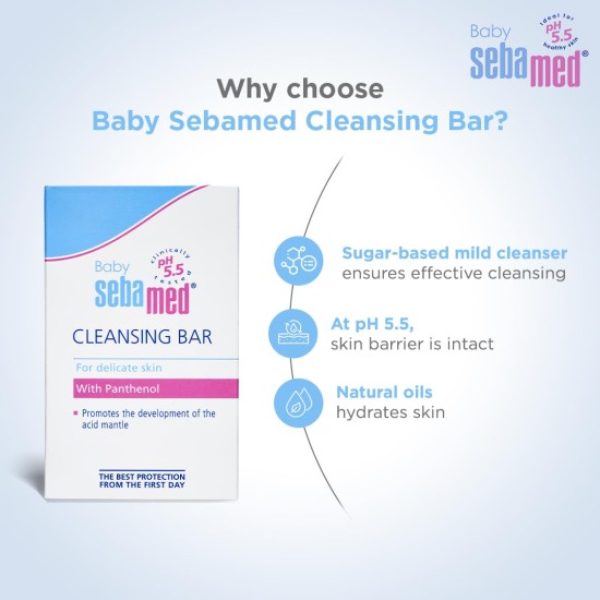 Sebamed Baby Cleansing Bar 100 gm|pH 5.5 |Newborn bathing|Soap Free|Tear Free|