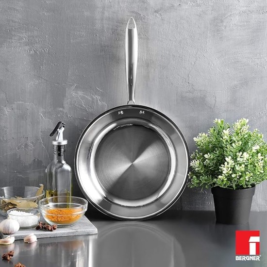 BERGNER Argent TriPly 20 cm Frypan/Steel Pan, Scratch Resistant, for Spice Tempering/Seasoning, Stay Cool Long Handle, Mirror Finish, Induction Ready, 