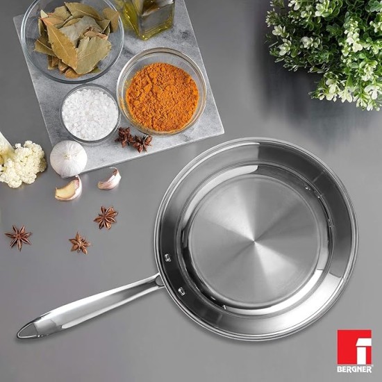 BERGNER Argent TriPly 20 cm Frypan/Steel Pan, Scratch Resistant, for Spice Tempering/Seasoning, Stay Cool Long Handle, Mirror Finish, Induction Ready, 