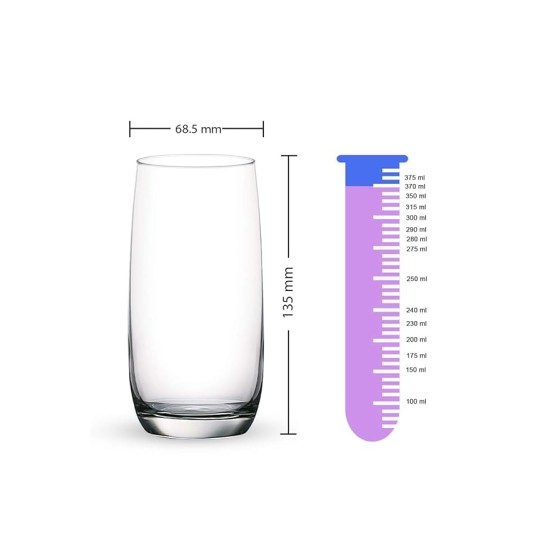 Ocean Ivory Hi Ball whiskey Glass Set, 370ml, Set of 6, Transparent