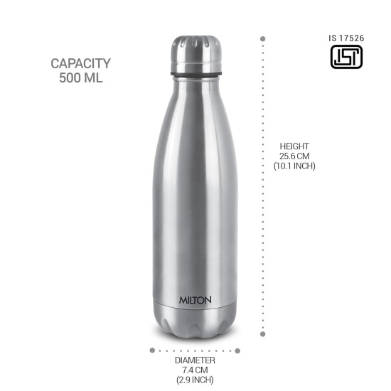 Duo DLX 500 Thermosteel Water Bottle 500 ml, 24 Hr Hot and Cold I Leak Proof Lid, ISI Certified I Vacuum Insulated I for Office, Gym, School I Silver