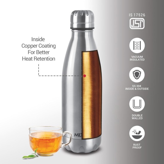 Duo DLX 500 Thermosteel Water Bottle 500 ml, 24 Hr Hot and Cold I Leak Proof Lid, ISI Certified I Vacuum Insulated I for Office, Gym, School I Silver