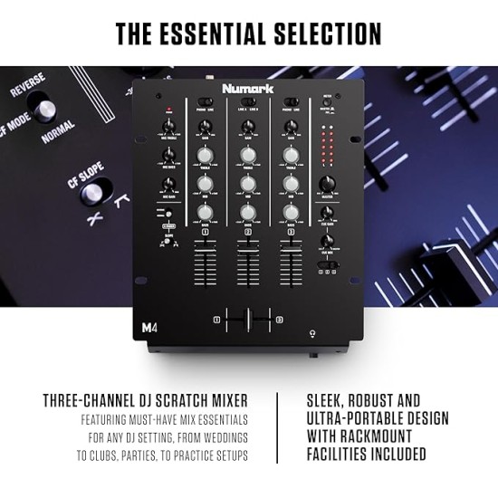 Numark M4 |3-Channel Rack Mountable Scratch DJ Mixer, Combo Jack Connection, with 3-Band EQ, Club-Ready Inputs, Mic Input and Reverse/Slope Controls, Black
