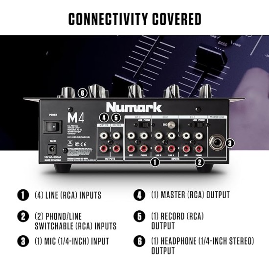 Numark M4 |3-Channel Rack Mountable Scratch DJ Mixer, Combo Jack Connection, with 3-Band EQ, Club-Ready Inputs, Mic Input and Reverse/Slope Controls, Black