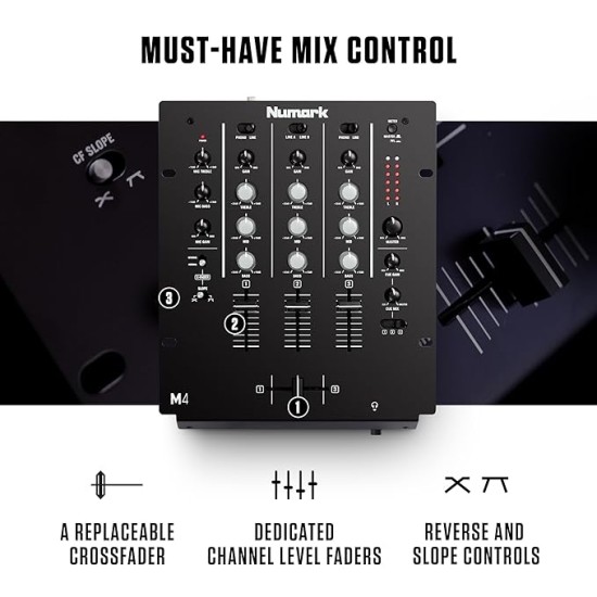 Numark M4 |3-Channel Rack Mountable Scratch DJ Mixer, Combo Jack Connection, with 3-Band EQ, Club-Ready Inputs, Mic Input and Reverse/Slope Controls, Black