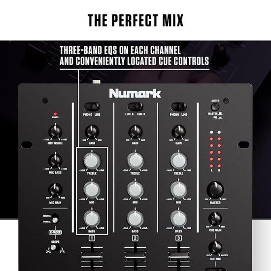 Numark M4 |3-Channel Rack Mountable Scratch DJ Mixer, Combo Jack Connection, with 3-Band EQ, Club-Ready Inputs, Mic Input and Reverse/Slope Controls, Black
