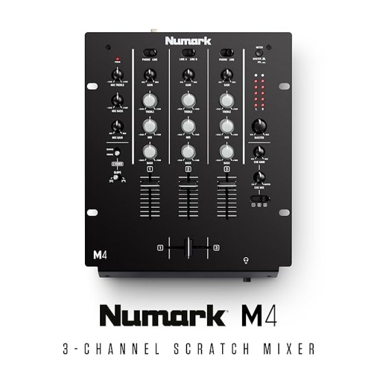 Numark M4 |3-Channel Rack Mountable Scratch DJ Mixer, Combo Jack Connection, with 3-Band EQ, Club-Ready Inputs, Mic Input and Reverse/Slope Controls, Black