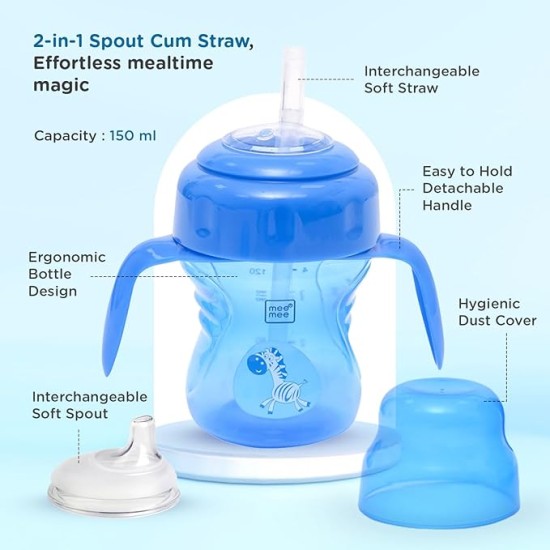 Mee Mee Anti Spill, Interchangeable Sipper/Sippy Cup 150ml with Soft Silicone Spout and Straw BPA Free, 6m+ (Blue) Mee Mee Anti Spill, Interchangeable Sipper/Sippy Cup 150ml with Soft Silicone Spout and Straw BPA Free, 6m+ (Blue)