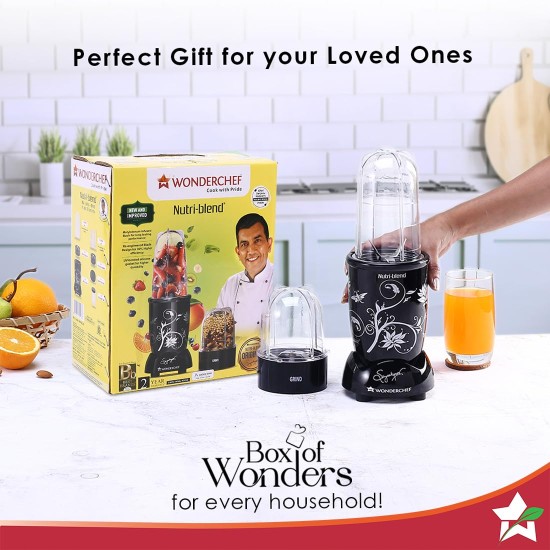 Wonderchef Nutri-blend 500W Juicer Mixer Grinder | Smoothie Maker Blender | 22,000 RPM Full Copper Motor | 2 Unbreakable Jars | Free Recipe Book by Chef Sanjeev Kapoor | 2 Year Warranty | Black