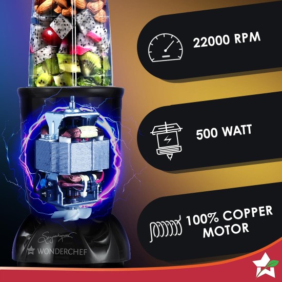 Wonderchef Nutri-blend 500W Juicer Mixer Grinder | Smoothie Maker Blender | 22,000 RPM Full Copper Motor | 2 Unbreakable Jars | Free Recipe Book by Chef Sanjeev Kapoor | 2 Year Warranty | Black